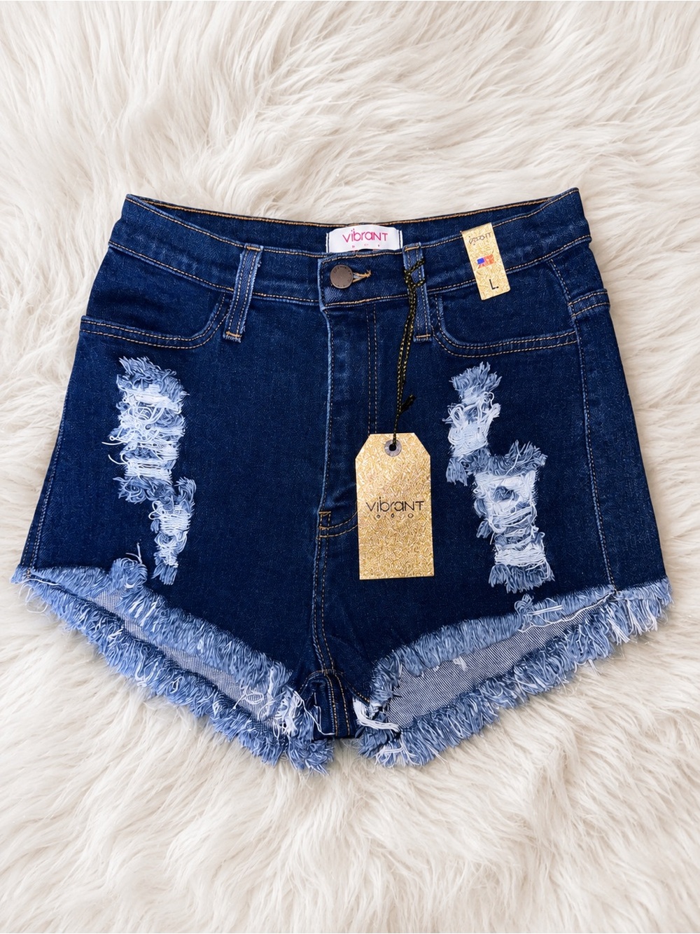 Vibrant Women’s Denim Shorts Size L Dark Wash Distressed Frayed Hem